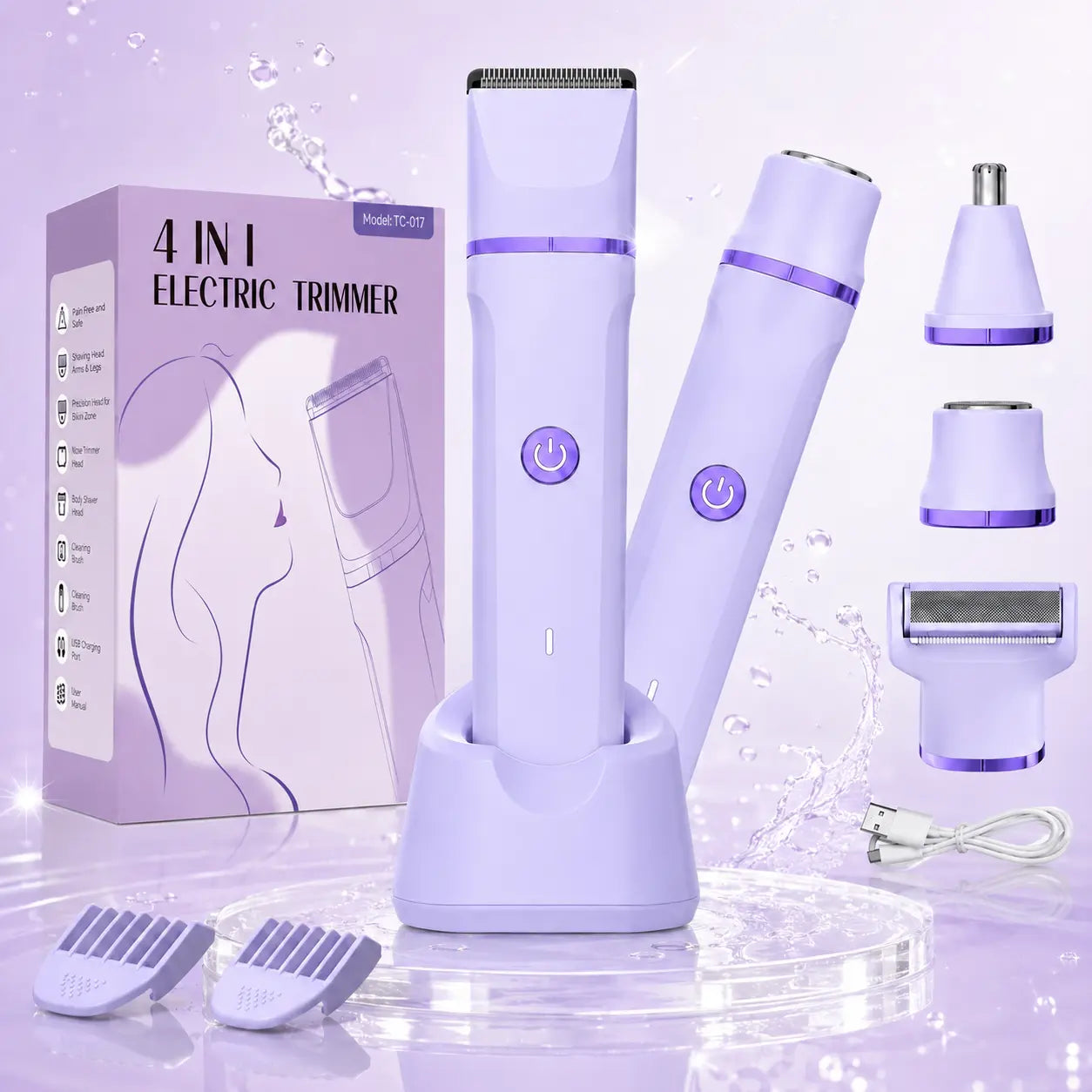 Afeitadora Eléctrica 4 en 1 para Mujer – Cuidado Corporal Completo con 4 Cabezales Intercambiables | Impermeable IPX7