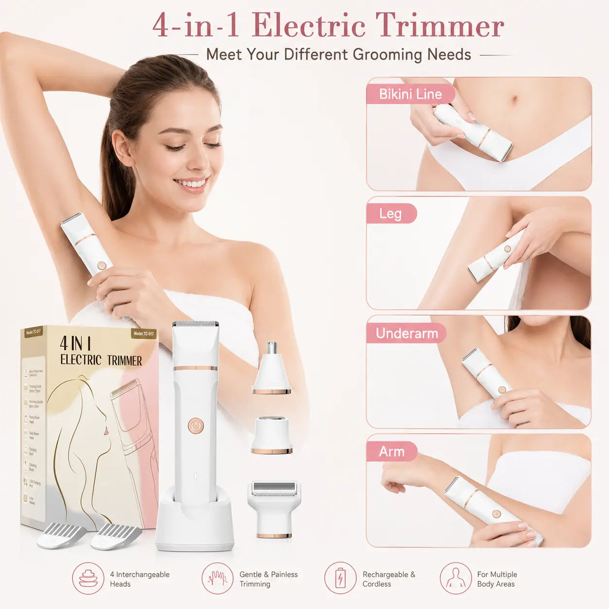 Afeitadora Eléctrica 4 en 1 para Mujer – Cuidado Corporal Completo con 4 Cabezales Intercambiables | Impermeable IPX7