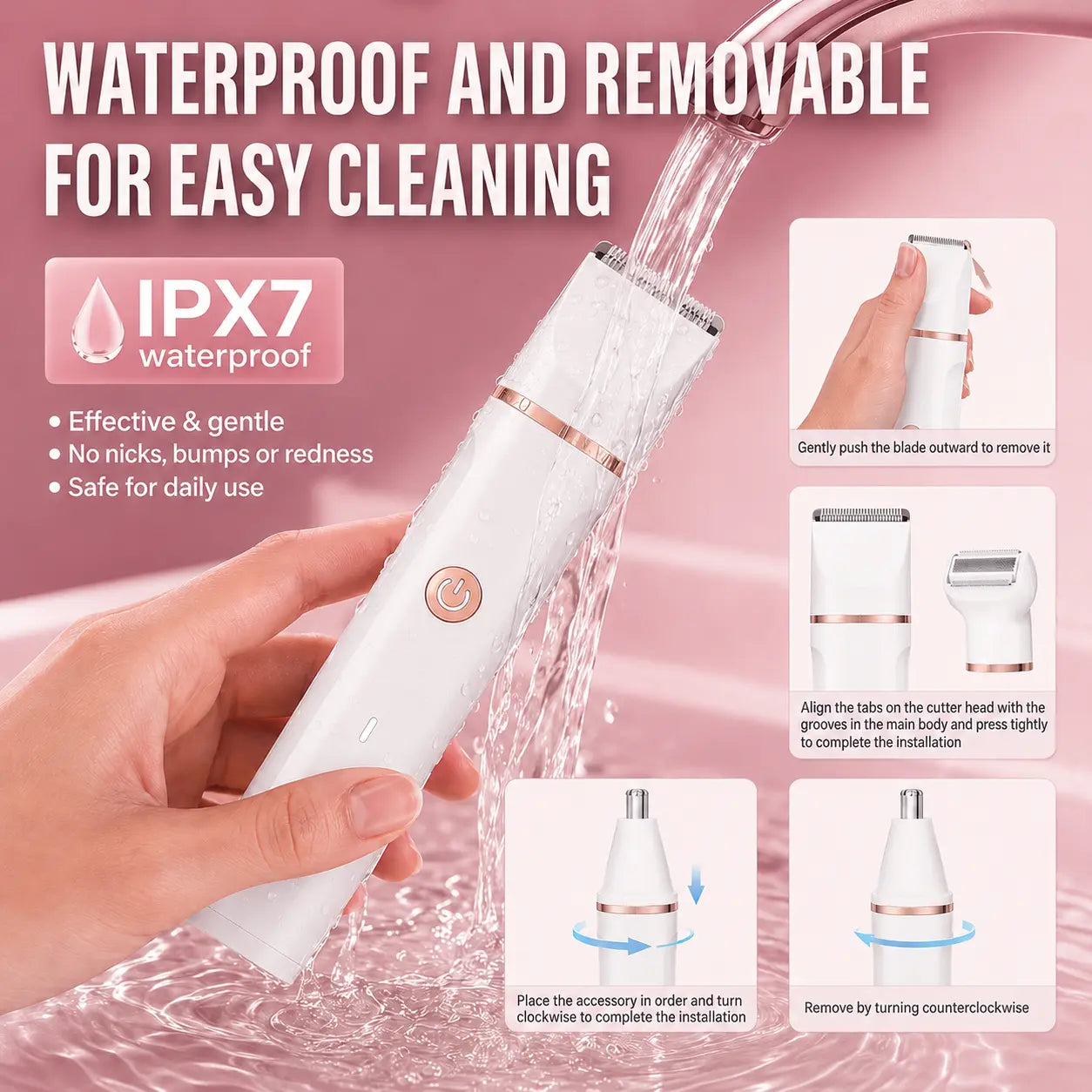 Afeitadora Eléctrica 4 en 1 para Mujer – Cuidado Corporal Completo con 4 Cabezales Intercambiables | Impermeable IPX7